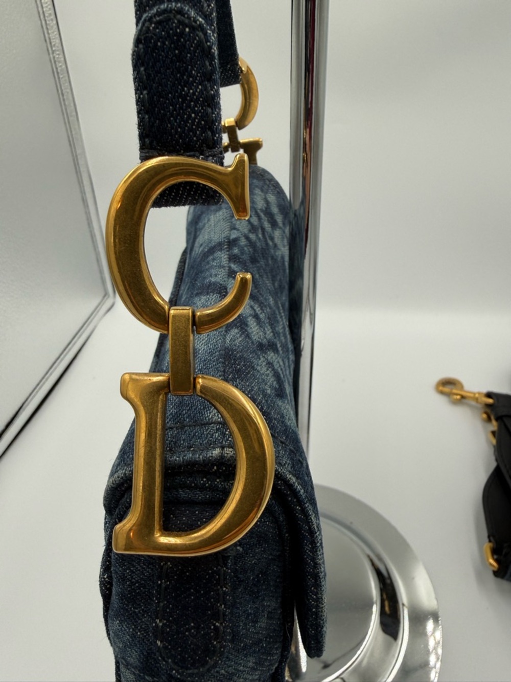 Dior Navy Denim Tie Dyed Saddle Mini Bag with Gold D Charm and Strap - Picture 5 of 16